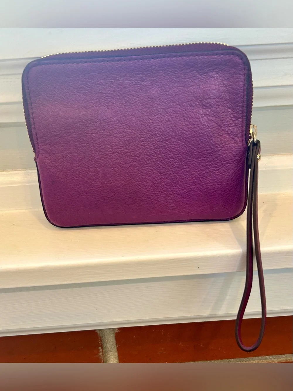 Cole Haan Deep Purple Pebbled Leather Wristlet Clutch Gold Logo Zip Pouch Womens